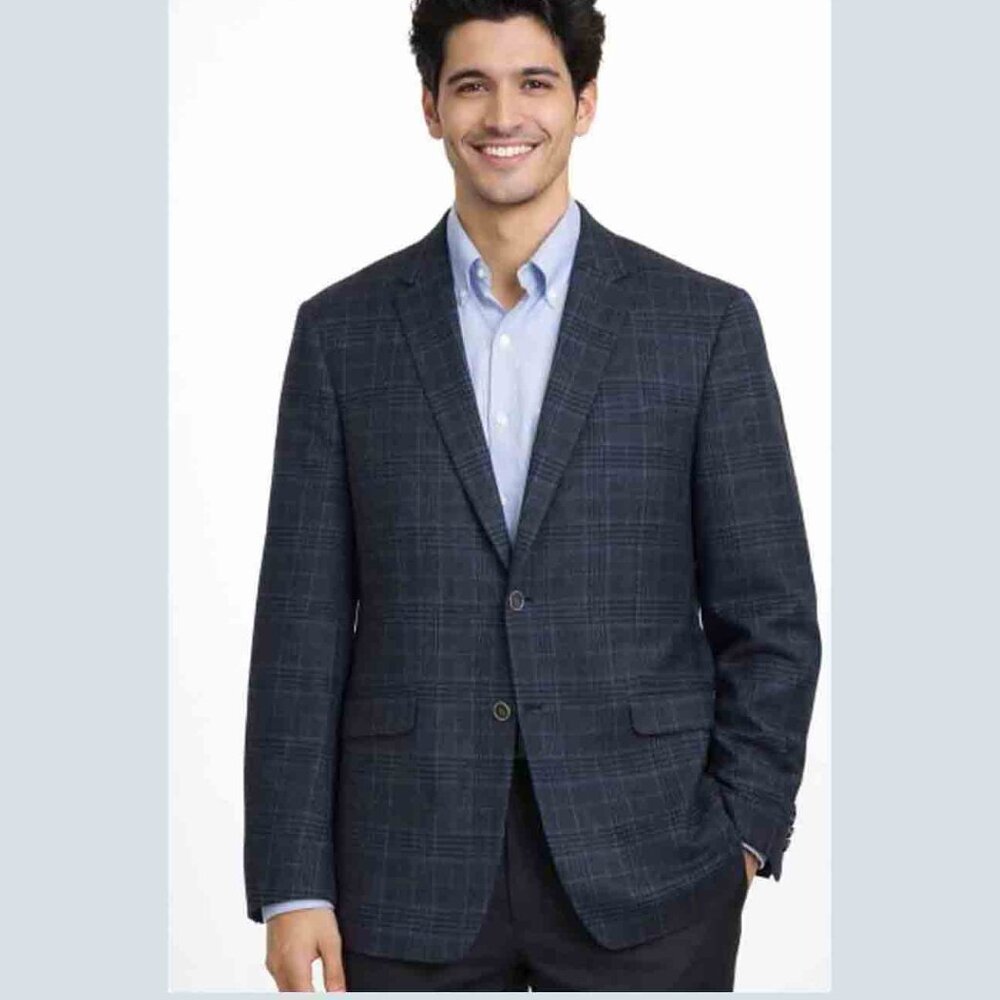 Joseph Abboud Lanificio Campore Wool + Cashmere Blazer Gray Blue Plaid Size 46L